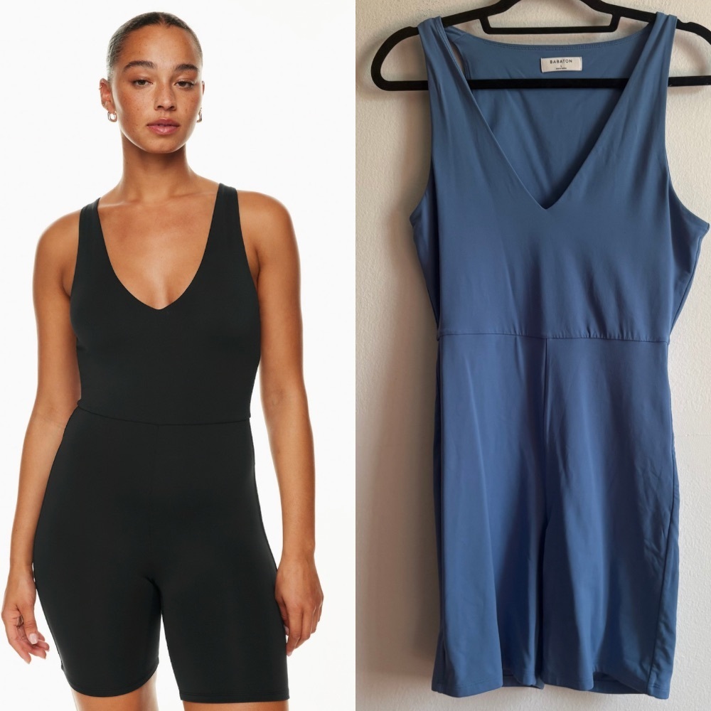 Aritzia Babaton Sz L Contour V Neck Athleisure Blue Romper